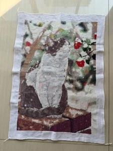Handmade Gift completed finished cross stitch 22.83''x 15.75''snow view cat - Picture 1 of 14