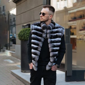New Men 100% Real Rex Rabbit Fur Vest Coat Chinchilla Warm Gilet Thick Waistcoat - Picture 1 of 8