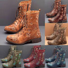 New Womens Low Heel Chunky Combat Boots Retro Floral Ankle Boots Lace Up Shoes