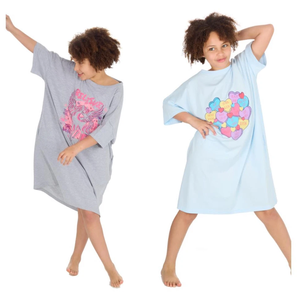 RED MELON Girls Oversized Printed Nightdress Crew Neck T shirt Nightwear Short Sleeved