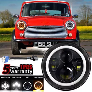 7'' Round Black LED Headlight Halo DRL Hi/Lo Beam for Classic Mini Austin Petrol - Picture 1 of 13