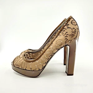 VALENTINO Peep Toe Platform Pumps EU 36.5 6.5 Laser Cut Lace Leather Taupe Nude - Picture 1 of 13