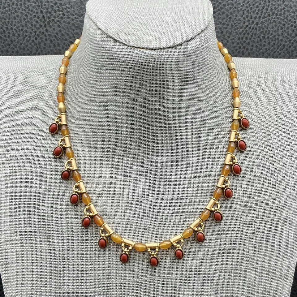 Collar Monet Tono Oro Cuentas Cabujón Rojo Colgante Flecos Joyería Ajustable Foto 1 de 4