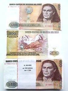 Perú 500 Intis X 50 Piezas 1987, P 134b UNC (1/2 Paquete) de Paquete de Billetes de Banco - Imagen 1 de 1