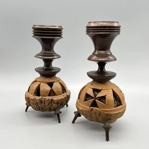 VTG Set HAND-CARVED TURNED-WOOD Brazil Nut Pod CANDLE HOLDERS Folk Art LATIN AM - Picture 1 of 23