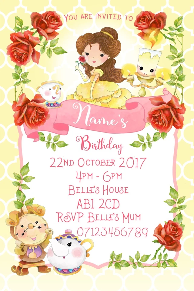 Beauty and the Beast Belle Party Personalised Invitations and Envelopes x 8 - Image 1 of 1