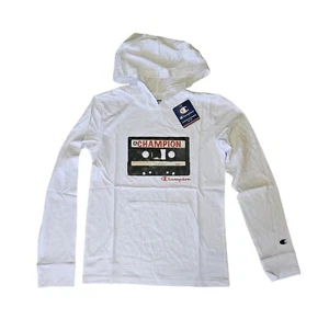 NWT Champion Boys White Cassette Tape Long Sleeve Hooded T Shirt Sz L 10/12 - Picture 1 of 3