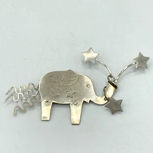 Vtg Whimsical Elephant Star Silver Tone Metal Brooch Pin Handmade Statement 4.5" - Picture 1 of 12