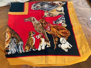 Vintage BOB MACKIE Red Tan Dog Print Silk Scarf - n.o.s. end of summer sale - Picture 1 of 8