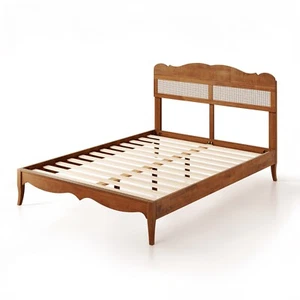 Bed Frame Solid Wood with Rattan Headboard Modern/Retro Full Queen King Size - Picture 1 of 35