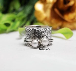 Pearl Ring 925 Sterling Silver Spinner Ring Meditation Handmade Jewelry QZ01 - Picture 1 of 4