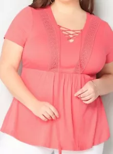 $49 AVENUE women blouse LACE EMBROIDERY TIE UP FLOUNCE 1X 14-16 CORAL NEW top - Picture 1 of 4