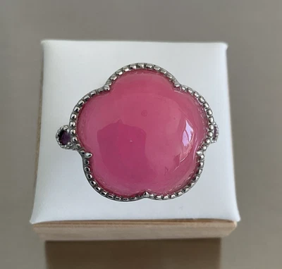 Pink Jade & Pink Sapphire Cherry Blossom Design Ring 925 Sterling Silver Size 10 - Image 1 of 4