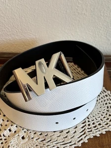 Cintura donna MICHAEL KORS bianca o nera vera pelle tono argento logo MK 40" - Foto 1 di 7