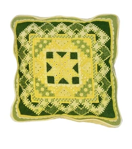 Vintage Geometric Handmade Needlepoint Crochet Throw Pillow Green Yellow - Picture 1 of 11