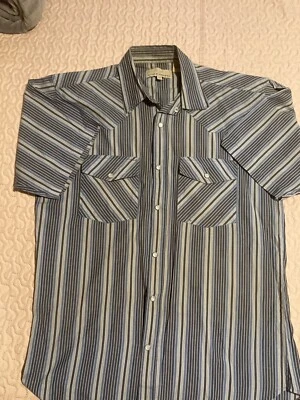 Eagle Crest Men’s Medium Blue Stripe Shirt Pearl Buttons Short Sleeves - Image 1 of 3