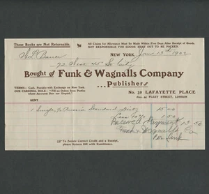New York City NY 1902 FUNK & WAGNALLS CO. Rechnung/Quittung für Russisch Wörterbuch - Bild 1 von 2
