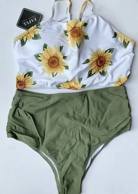 Top de bikini acolchado girasol blanco Zaful caqui cintura alta talla 10/M Foto 1 de 4