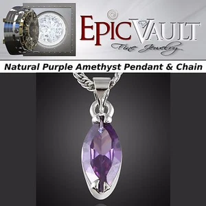 EPIC VAULT- Natural Purple Amethyst Pendant-18k White Gold plated-w/ Chain - Picture 1 of 2