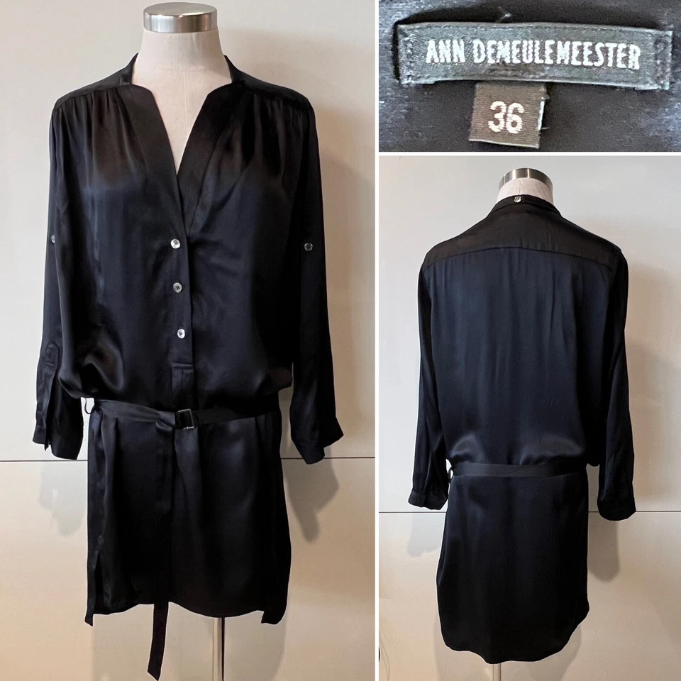 Vestido Camisa Ann Demeulemeester Negro Seda Satén, Manga Pestaña, Cinturón 36/Pequeño Foto 1 de 4