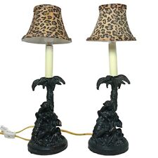 Pair Vintage Table Lamps See Speak Hear No Evil 3 Wise Monkey Jungle Palm Tree