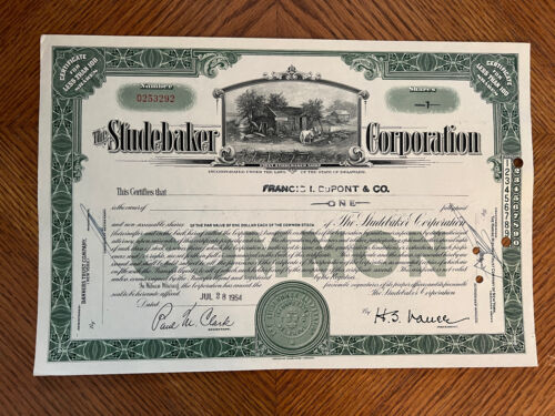 Studebaker Corp. Automobile Stock Certificate 1954 Blacksmith Shop green border