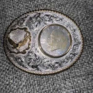 De Colección Crumrine Eisenhower Medio Dólar Águila Western Cinturón Hebilla Placa Plata - Imagen 1 de 6