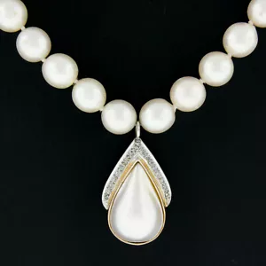 15" Cultured Pearl Strand Necklace w/ 14K TT Gold Diamond Mabe Tear Drop Pendant - Picture 1 of 6