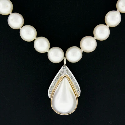 15" Cultured Pearl Strand Necklace w/ 14K TT Gold Diamond Mabe Tear Drop Pendant - Image 1 of 4