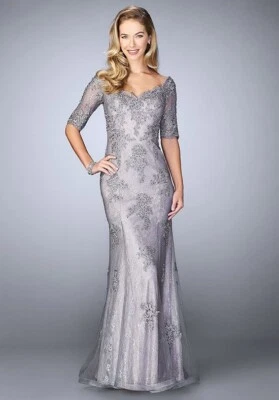 New La Femme Off the Shoulder Lace Mermaid Gown in Gray/Pink Size 10  $598 - Image 1 of 4