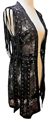 Vocal Sleeveless Vest Womens Small Solid Black Suede Lace Open Fringe Gypsy New Foto 1 de 4