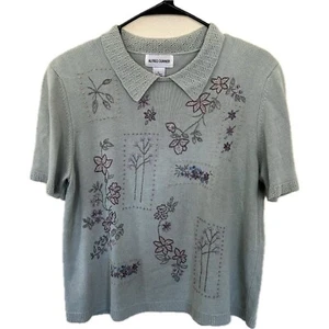 Alfred Dunner Womens XL Floral Embroidered Sage Green Knit Short Sleeve Sweater - Picture 1 of 4