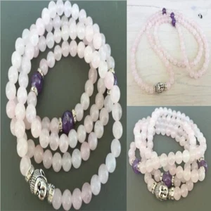 6mm Rose Stone Amethyst Buddha 108 Bead Mala Necklace Ethnic Yoga - Picture 1 of 7