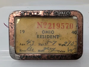 1940 Stato di OHIO Residente Licenza di Pesca Spilla-Back Telaio Metallo Distintivo - Foto 1 di 3
