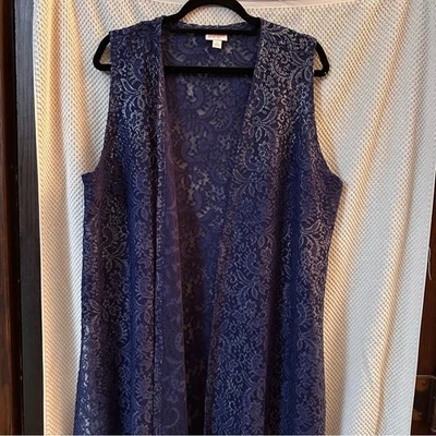 LuLaRoe Joy Longline Chaleco de Encaje Sin Mangas Cárdigan Azul con Metálico Plateado Foto 1 de 4