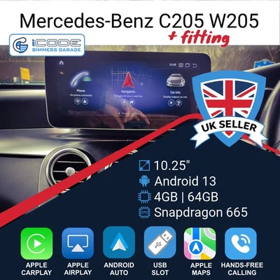 Mercedes C205 W205 S205 10" Apple Carplay Android Touchscreen 4+64GB +Fitting - Image 1 of 4