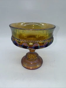 Indiana Glass Kings Crown Thumbprint Pedestal Compote Candy Dish Iridescent Gold - Picture 1 of 6