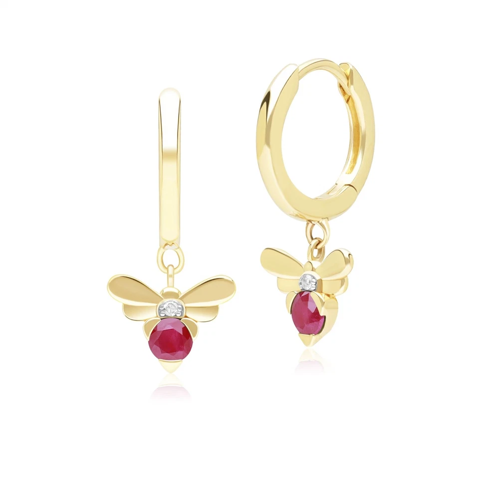 Honeycomb Inspired Ruby and Diamond Bee Hoop Earrings in 9ct Yellow Gold - Image 1 of 4