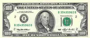 1993 $100 Small Size Federal Reserve Note, Withrow-Bentsen, Circulated - Picture 1 of 2