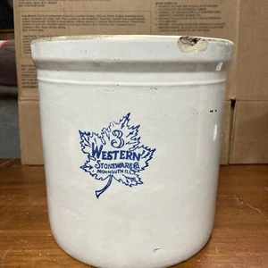 Double Decoration Antique Western Stoneware 3 Gallon Maple Leaf Crock Monmouth - Picture 1 of 14