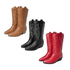 Women's Cowboy Boots Pull On Cowgirl Boots Mid Calf Western Boots Wedge Heel - Picture 1 of 39