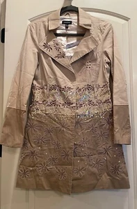 Bebe Women's Tan boho Mid length Jacket with Flower Embroidery & Sequin SZ M - Picture 1 of 9
