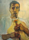 Vintage expressionist oil painting man bagpiper portrait signed