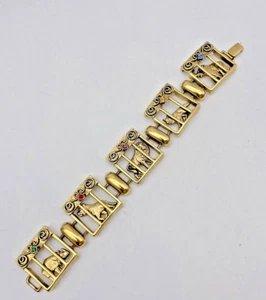 Vintage Zoo Animal Bracelet Gold-tone Rhinestone Elephant Lion Rhino Cargo Cage - Picture 1 of 10
