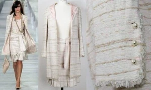 04P CHANEL Pearl Coco Button Tweed Coat & Pleated Skirt Set Silk Lining Size 36 - Picture 1 of 10
