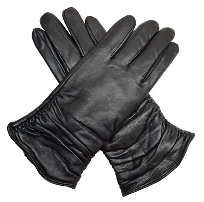 Mujer Alta Calidad Super Soft Real Negro Completo Guantes de Cuero Con Fruncido - Imagen 1 de 4