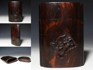 Zigarettenetui Sagemono Meiji japanisch antikes Holz geschnitzt Dämon & Otafuku - Bild 1 von 9