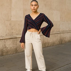 Crop top Ronny Kobo a righe manica a campana taglia large - Foto 1 di 6