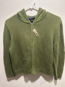 Ann Taylor Green Heavy Knit Hoody Full Zip Sweater 100% Cotton Girls Large - Picture 1 of 8