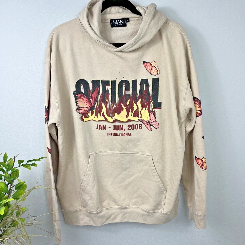 boohooMAN Plus Official Flame & Butterfly Print Designer Hoodie Size Large - Image 1 of 4